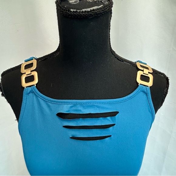 Forever 21 blue sleeveless cut-out hardware strap drawstring slit midi dress L - Picture 3 of 11